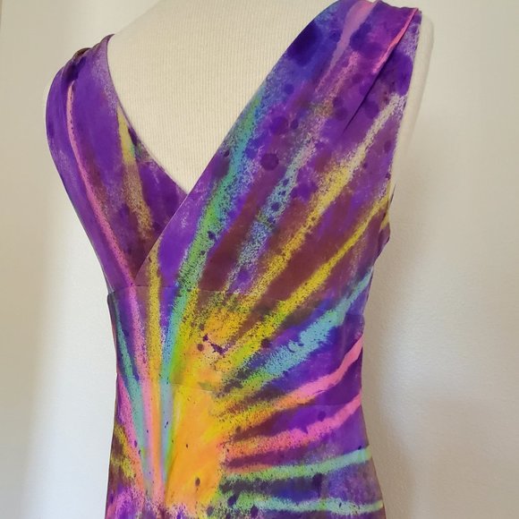 Silk Short Dress african batik purple yellow gold pink blue palms tropical beach - Picture 6 of 11